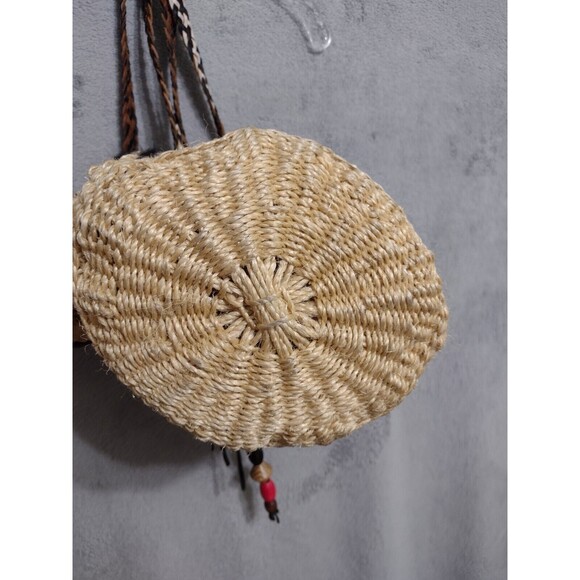 PATRICIA NASH MAYA Woven Straw Bucket Bag Purse Leather Trim Tassel Zip Italy - Picture 7 of 16